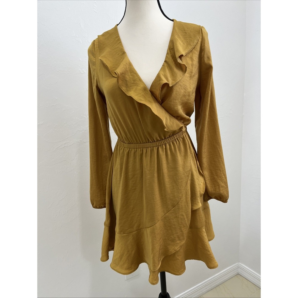 Express Faux Wrap Dress Womens XS Petite‎ Mustard Yellow Excellent Ruffle Mini - Picture 2 of 10